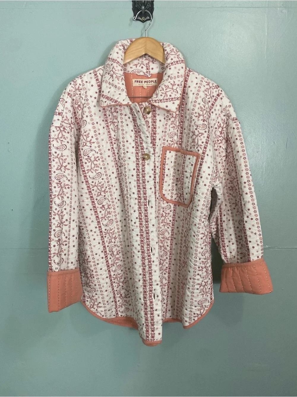 Free People Alexie Jacket Quilted Paisley Floral Ivory Maroon Shacket XL - Picture 2 of 7